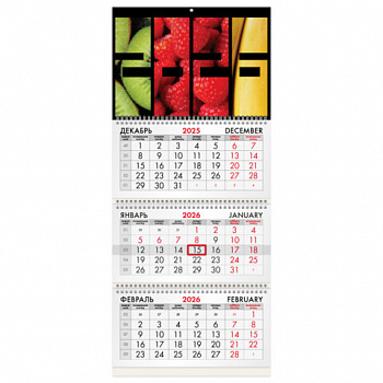 Календарь квартальный на 2026 г., 3 блока, 3 гребня, бегунок, офсет, BRAUBERG, "Фрукты"