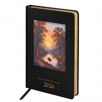Ежедневник датированный 2026 А5 138х213 мм, BRAUBERG "ArtGallery", под кожу, нашивка, черный