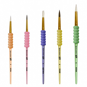 Кисти c EVA вставкой НАБОР 5 шт (ПОНИ круглые 1,4;КОЗА круглые 3,6;ЩЕТИНА плоская 4), BRAUBERG KIDS