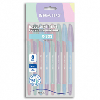 Ручки шариковые BRAUBERG "X-333 PASTEL MIX", НАБОР 8 ШТУК, СИНИЕ, узел 0,7 мм, линия письма 0,35 мм