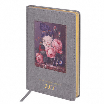 Ежедневник датированный 2026 А5 138х213 мм, BRAUBERG "ArtGallery", под кожу, нашивка, серый