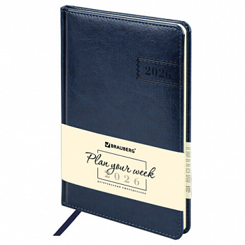 Еженедельник датированный 2026, А5, 145х215 мм, BRAUBERG "Imperial", под кожу, синий