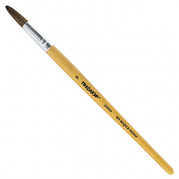 Кисть ПИФАГОР, ПОНИ, круглая, № 9, деревянная лакированная ручка, колпачок, пакет с подвесом