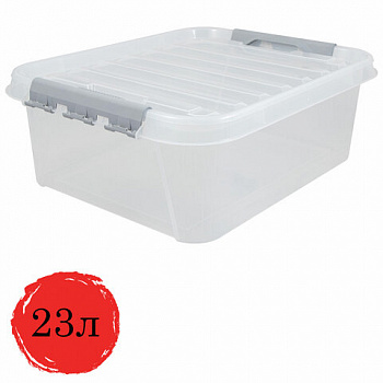 Ящик-контейнер 23 л с КРЫШКОЙ НА ЗАЩЕЛКАХ "ПРОФИ", 18х50х39 см, штабелируемый, ПРОЧНЫЙ, прозрачный
