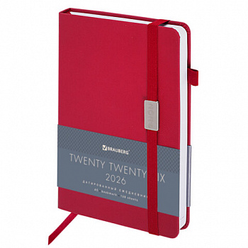 Ежедневник датированный 2026, А5, 138x213 мм, BRAUBERG "Control", под кожу, держатель для ручки, красный
