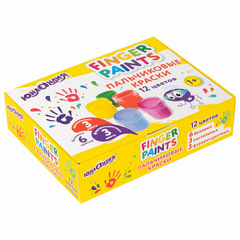 Краски пальчиковые для малышей от 1 года, 12 цветов (6 базовых + 3 пастельных + 3 флуоресцентных) по 35 мл, ЮНЛАНДИЯ