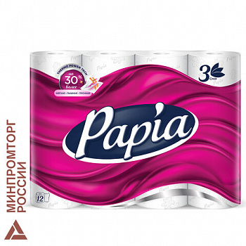 Бумага туалетная бытовая, спайка 12 шт., 3-слойная (12х16,8 м), PAPIA, белая