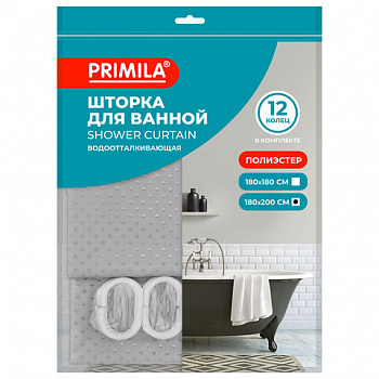 Шторка для ванной ПОЛИЭСТЕР, 180х200 см, кольца в комплекте, СЕРЫЙ БРИЛЛИАНТ, PRIMILA (ПРИМИЛА)