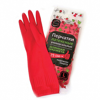 Перчатки МНОГОРАЗОВЫЕ латексные ДЛИННАЯ МАНЖЕТА 25 см КРАСНЫЕ, размер 8-9, L (большой), вес 90 г, КП