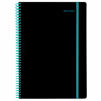 Тетрадь обложка пластик, А4 80 л., спираль пластик, резинка, клетка, BRAUBERG, черный/синий