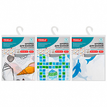 Шторка для ванной PEVA, 180х180 см, кольца в комплекте, 3 дизайна ассорти, МОРЕ, PRIMILA (ПРИМИЛА)