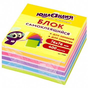 Блок самоклеящийся (стикеры) ЮНЛАНДИЯ НЕОНОВЫЙ 76х76 мм, 400 листов, 7 цветов