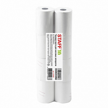 Чековая лента ТЕРМОБУМАГА 57 мм (диаметр 40 - 43 мм, длина 20 м, втулка 12 мм) КОМПЛЕКТ 8 шт., STAFF
