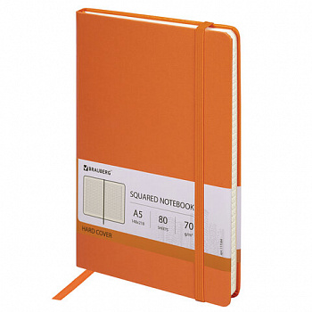 Блокнот А5 (148x218 мм), BRAUBERG "Metropolis", балакрон, 80 л., резинка, клетка, оранжевый