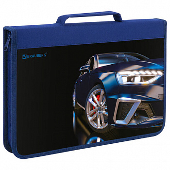 Папка на молнии BRAUBERG А4 с ручкой, с органайзером, 1 отделение, "Super car"
