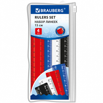 Линейки пластиковые 15 см классические BRAUBERG, НАБОР 4 штуки, непрозрачные, пенал