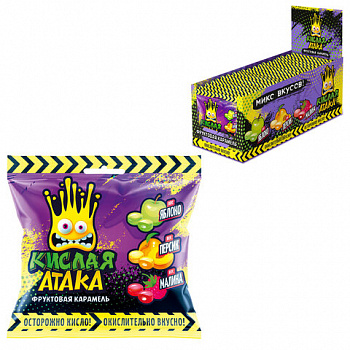 Карамель леденцовая КИСЛАЯ АТАКА Ассорти вкусов яблоко, персик, малина 40 г, KA-4-1