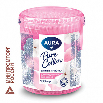 Ватные палочки КОМПЛЕКТ 100 шт., AURA, пластиковый стакан