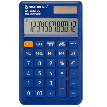 Калькулятор карманный BRAUBERG CX-102C-BU (76x126 мм), 12 разрядов, двойное питание, СИНИЙ