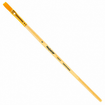 Кисть ПИФАГОР, СИНТЕТИКА, плоская, № 6, деревянная лакированная ручка, с колпачком, пакет с подвесом