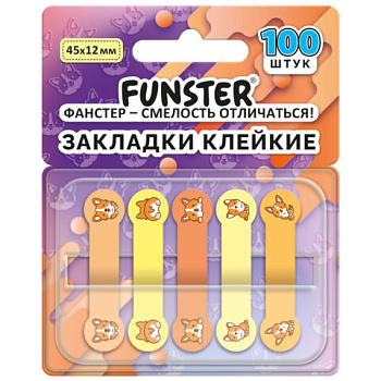 Закладки клейкие Z-сложения FUNSTER (ФАНСТЕР) "Корги", 45х12 мм, 100 шт., (5 цветов х 20 листов), в диспенсере