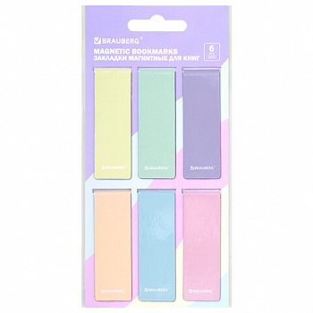 Закладки для книг МАГНИТНЫЕ, "PASTEL", набор 6 штук, 60x20 мм, BRAUBERG