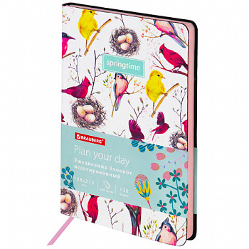 Ежедневник недатированный А5 (138х213 мм), BRAUBERG VISTA, под кожу, гибкий, 136 л., "Birds"