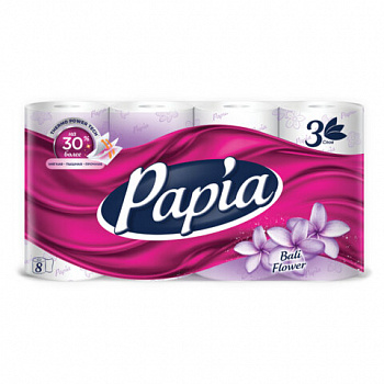 Бумага туалетная быт., спайка 8 шт., 3-слойная (8х16,5 м), PAPIA, аромат "Балийский цветок"