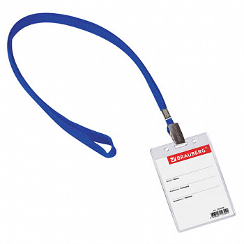 Бейдж вертикальный (90х60 мм), на синей ленте 45 см, BRAUBERG