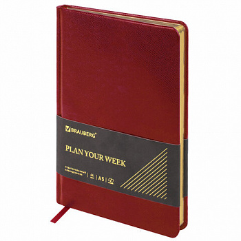 Еженедельник недатированный А5, 145х215 мм, BRAUBERG "Iguana", под кожу, 64 л., красный