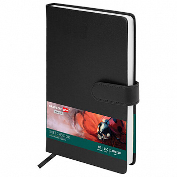 Скетчбук, белая бумага 140 г/м2 130х210 мм, 80 л., КОЖЗАМ, застежка, BRAUBERG ART CLASSIC, черный
