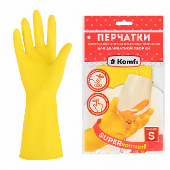 Перчатки МНОГОРАЗОВЫЕ латексные "Для деликатной уборки", размер 6,5-7, S (малый), вес 23 г, KOMFI, DGL016L