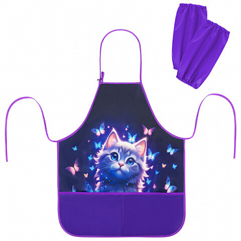 Фартук с нарукавниками для уроков труда BRAUBERG KIDS, 2 кармана, регулировка по росту, 46x54 см, "Curious cat"