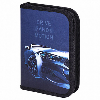 Пенал BRAUBERG с наполнением, 1 отделение, 1 откидная планка, 24 предмета, 21х14 см, "Sport car"