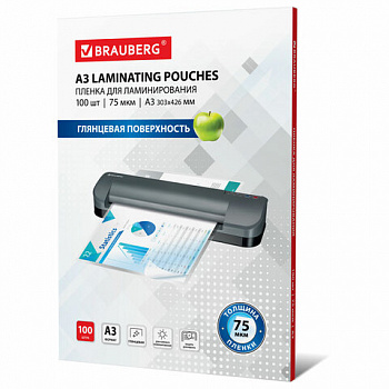 Пленки-заготовки для ламинирования БОЛЬШОГО ФОРМАТА, А3, КОМПЛЕКТ 100 шт., 75 мкм, BRAUBERG