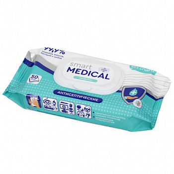 Антисептические салфетки влажные 50 штук SMART MEDICAL, без спирта, крышка-клапан
