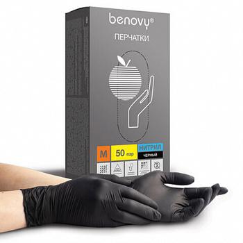 Перчатки нитриловые смотровые 50 пар (100 штук), размер 7-8, M (средний), черные, BENOVY Nitrile Chlorinated, М
