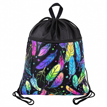 Мешок для обуви BRAUBERG БОЛЬШОЙ, с ручкой, карман на молнии, сетка, 49х41 см, "Feathers"