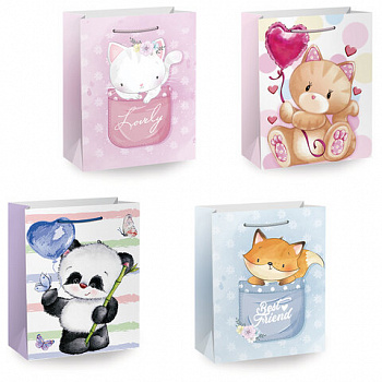 Пакет подарочный (1 штука) 26х13х32см (L) "Lovely Animals", ассорти, глиттер, ЗОЛОТАЯ СКАЗКА