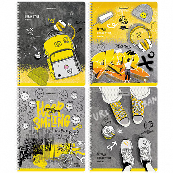 Тетрадь А5 48 л. BRAUBERG гребень, клетка, обложка картон, "Urban Style" (4 вида в спайке)