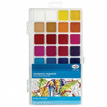 Краски акварельные ГАММА "Классическая", 32 цвета, медовая, пластиковая коробка, европодвес