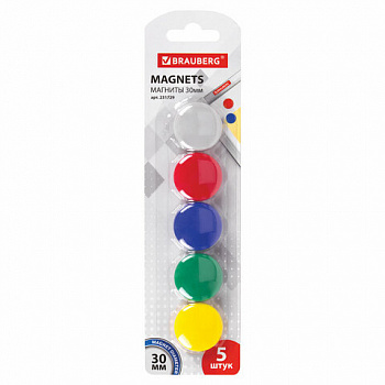 Магниты диаметром 30 мм, КОМПЛЕКТ 5 штук, цвет АССОРТИ, в блистере, BRAUBERG