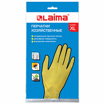 Перчатки МНОГОРАЗОВЫЕ латексные LAIMA "СТАНДАРТ", х/б напыление, ПЛОТНЫЕ, размер 9-10, XL (очень большой), желтые, вес 48 г