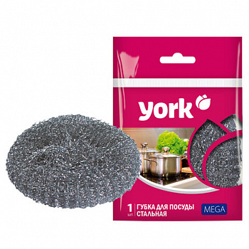 Губка (мочалка) металлическая, 40г, МЕГА, для посуды, гриля, плиты, YORK
