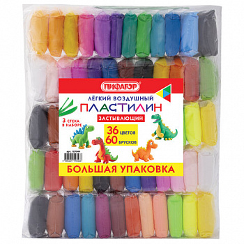 Пластилин супер лёгкий воздушный застывающий 60 штук (36 цветов + 2х12 базовых), 510 г, 3 стека, ПИФАГОР