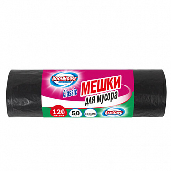 Мешки для мусора 120л черные в рулоне 50 штук, ПВД 23 мкм, 65x105см, BOOMHOUSE