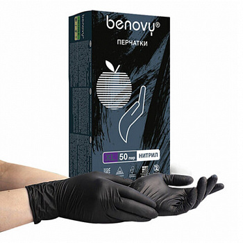 Перчатки нитриловые смотровые 50 пар (100 штук), размер 9-10, XL (очень большой), черные, BENOVY MultiColor, К