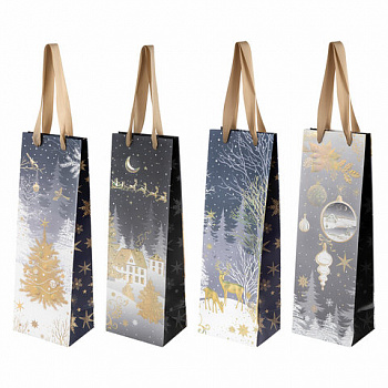 Пакет подарочный под бутылку (1 штука) новогодний 12x9x36 см, "Bottle", ассорти, ЗОЛОТАЯ СКАЗКА