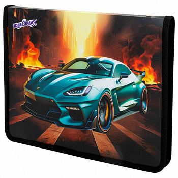 Папка для труда на молнии ЮНЛАНДИЯ А4, 1 отделение, откидная планка, органайзер, "Fire car"