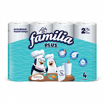 Полотенца бумажные бытовые, спайка 4 шт., 2-слойные (4х12 м), FAMILIA PLUS, 22,7x12 см, белые